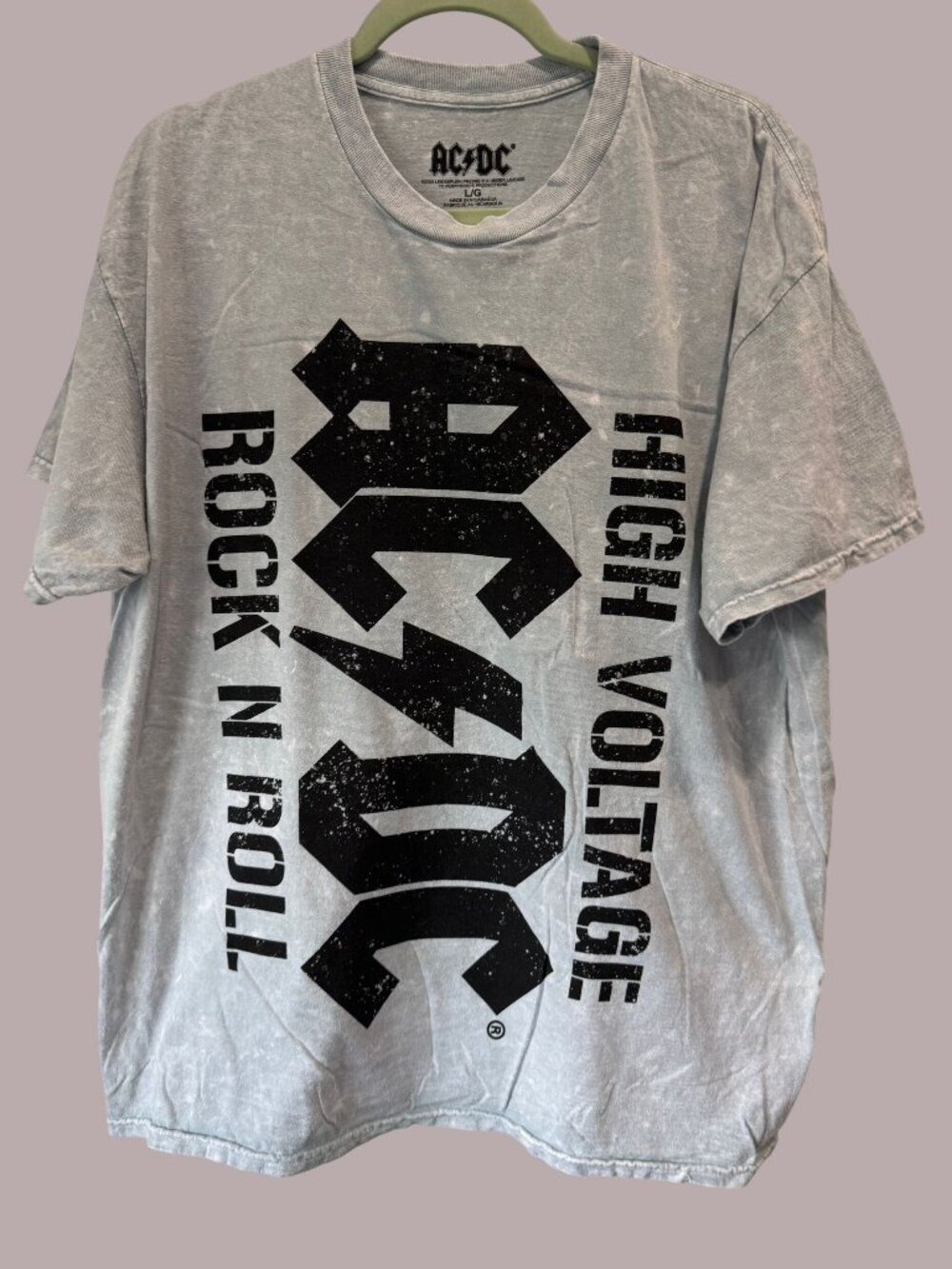 AC/DC High Voltage Rock N Roll Gray Acid Wash T-Shirt Size L 100% Cotton